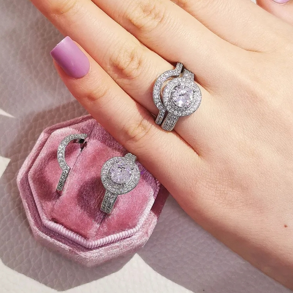 Sterling Silver Cushioned Round Bridal Set Rings